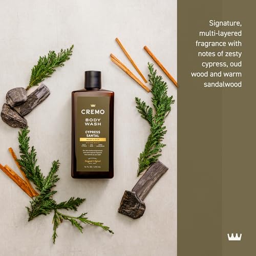 Cremo Body Wash for Men Cypress Santal bottle close-up highlighting layered fragrance.
