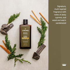 Cremo Body Wash for Men Cypress Santal bottle close-up highlighting layered fragrance.