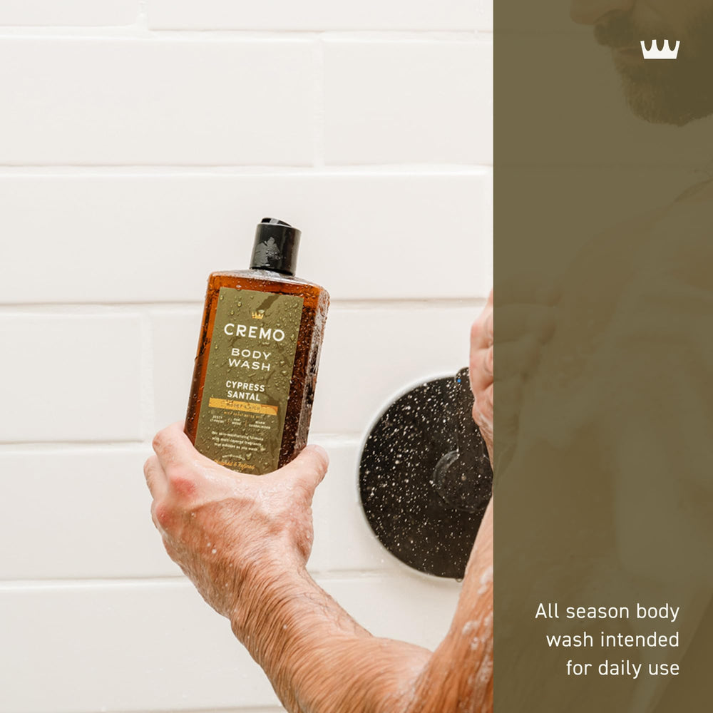 Cremo Body Wash for Men applying a rich lather on skin for deep cleanse.