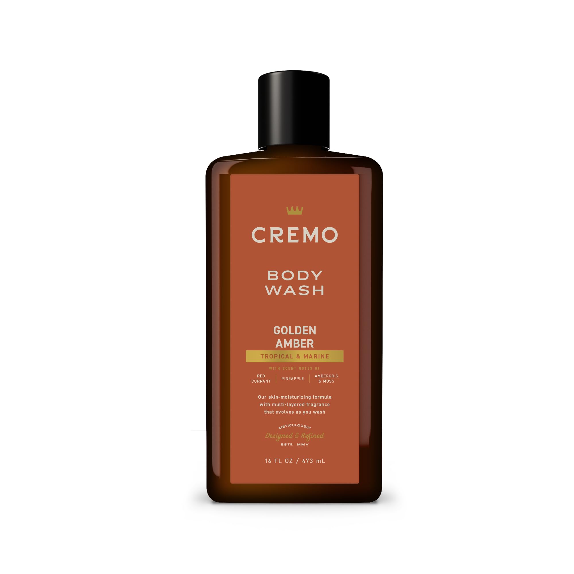 Cremo rich-lather body wash with golden amber bottle for a refreshed cleanse.
