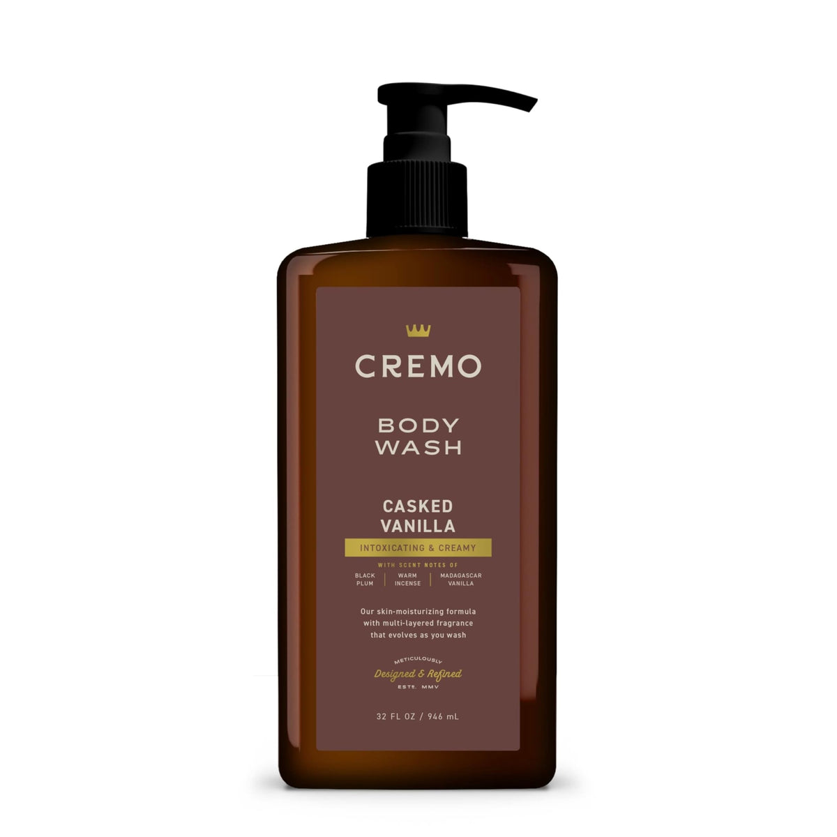 Cremo bottle pump for Rich-Lathering Casked Vanilla Body Wash, easy daily use.
