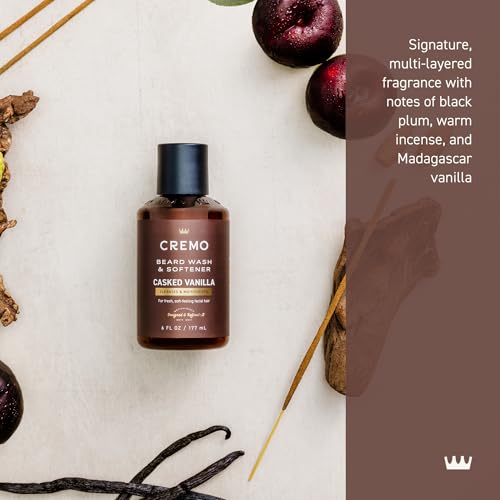 Cremo Casked Vanilla 2n1 fragrance notes visual highlighting black plum incense and vanilla