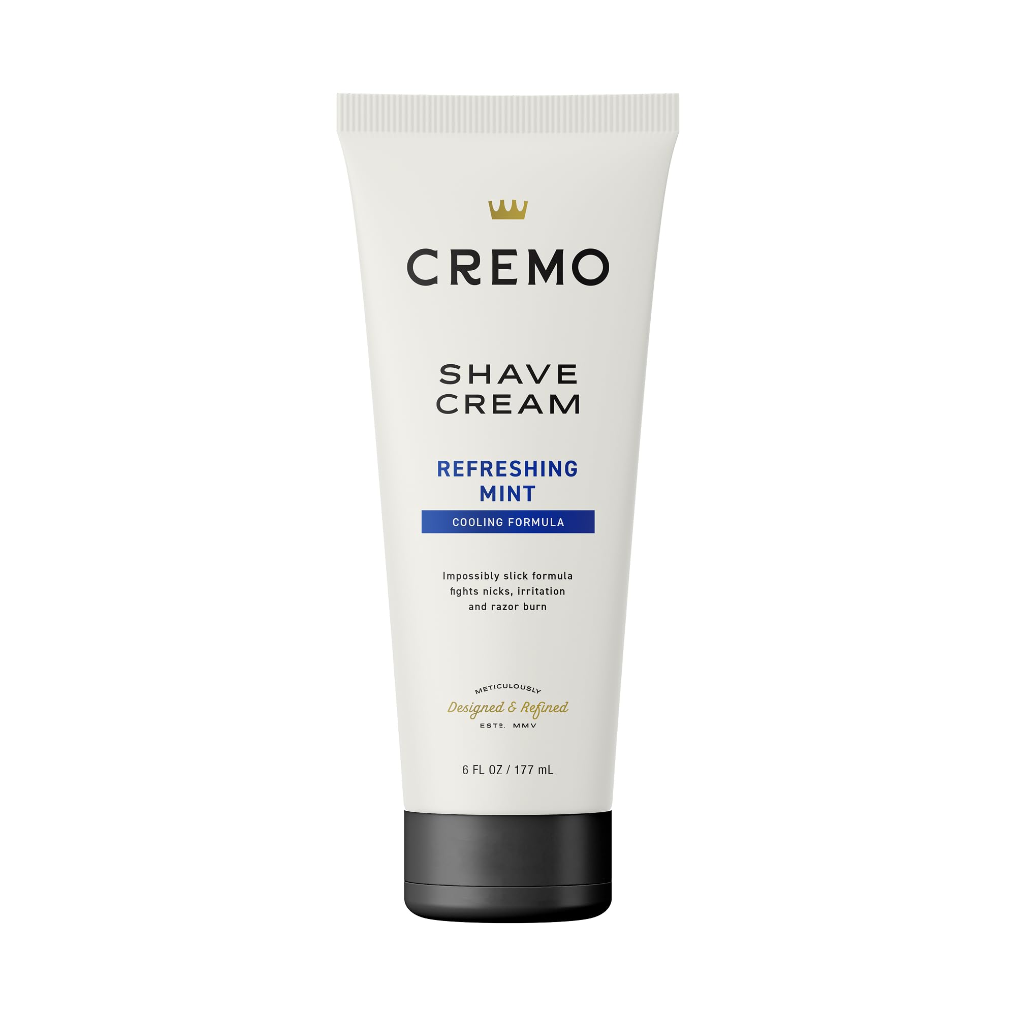 Cremo Cooling Shave Cream bottle demonstrates slick glide for a close shave.