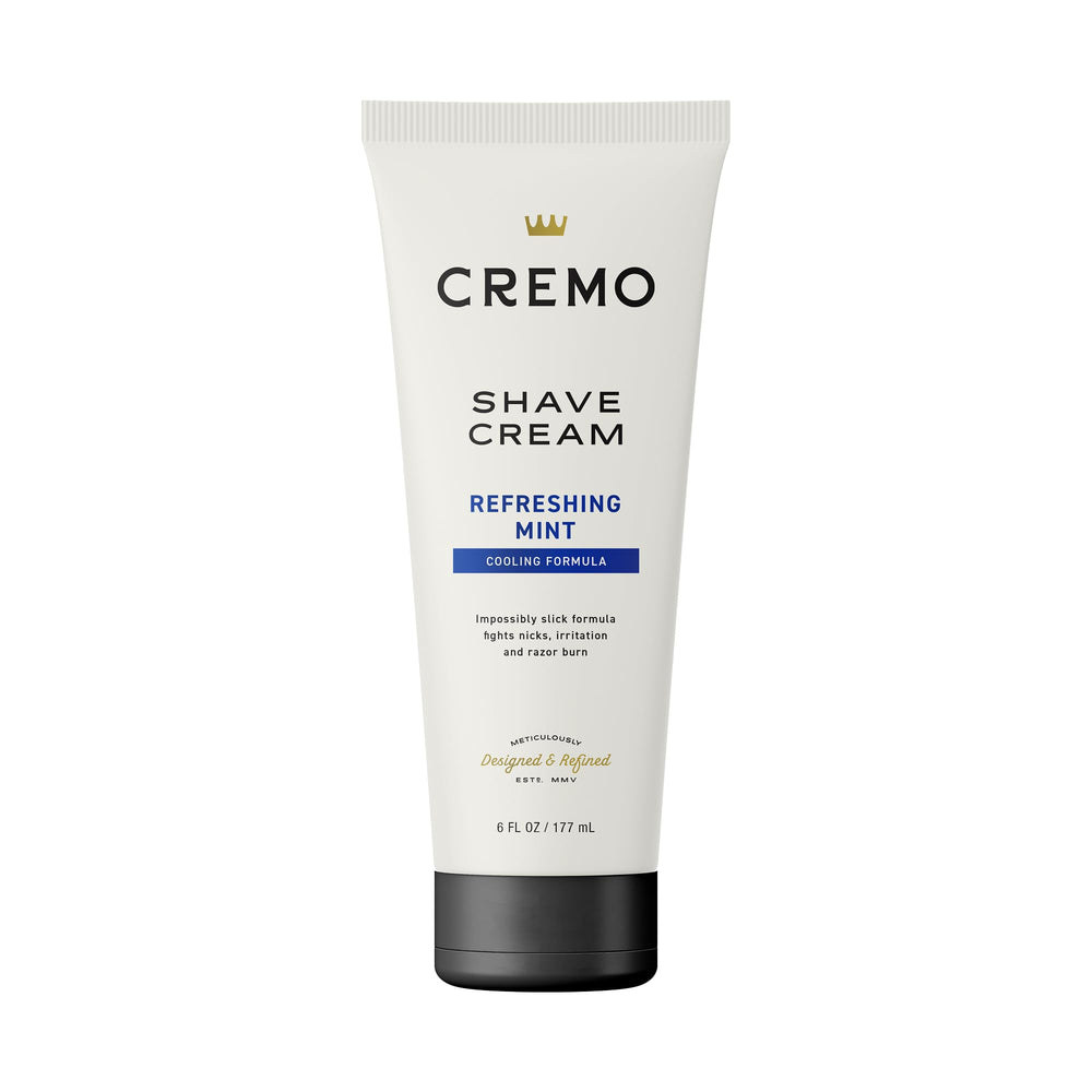 Cremo Cooling Shave Cream bottle demonstrates slick glide for a close shave.