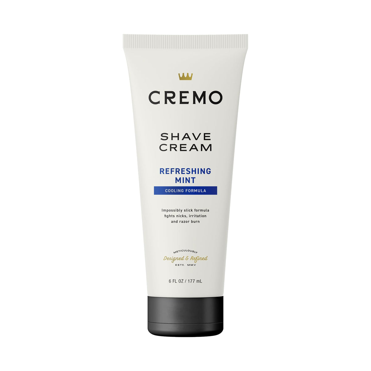 Cremo Cooling Shave Cream bottle demonstrates slick glide for a close shave.