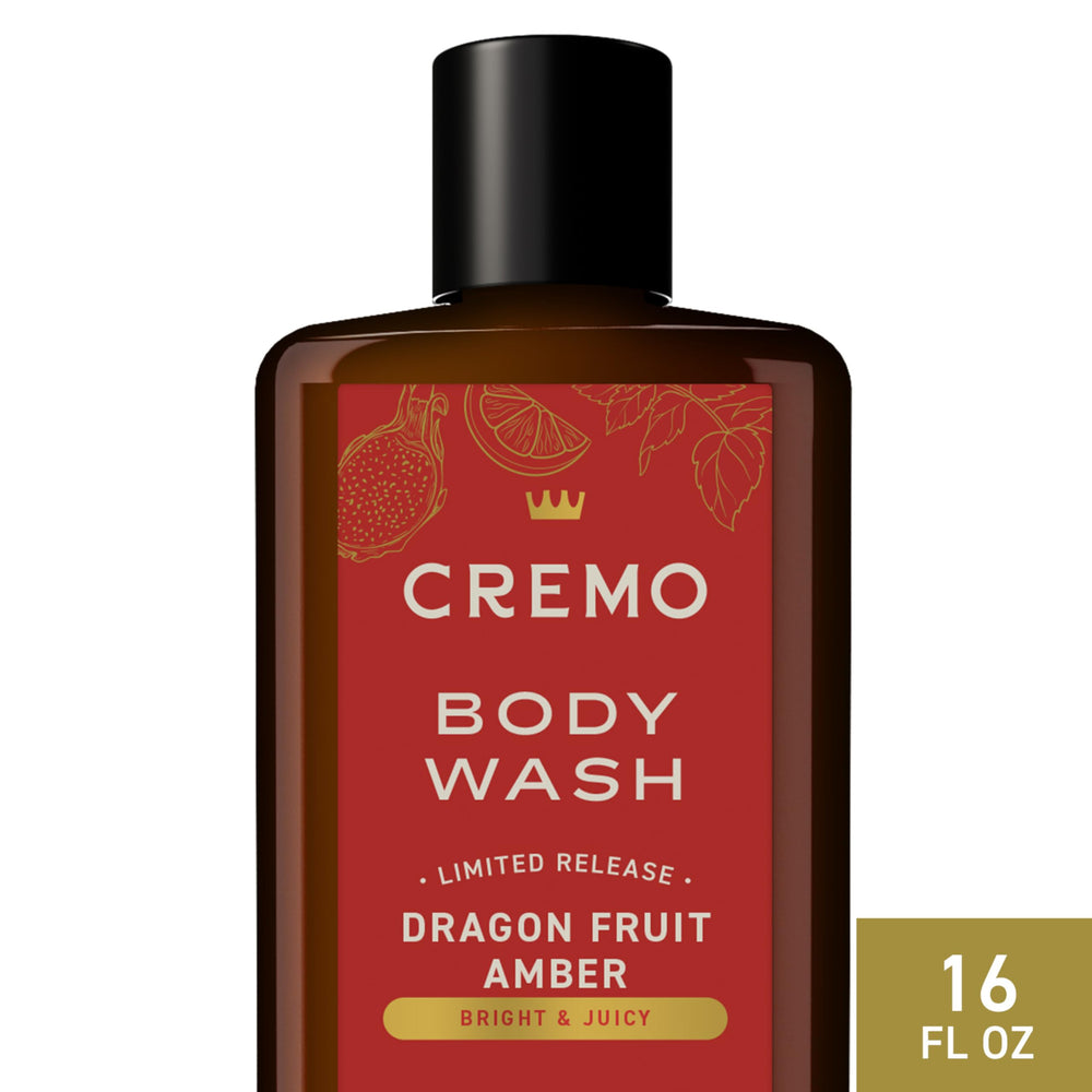 Cremo Dragon Fruit Amber bottle close-up, showcasing rich, creamy lather.