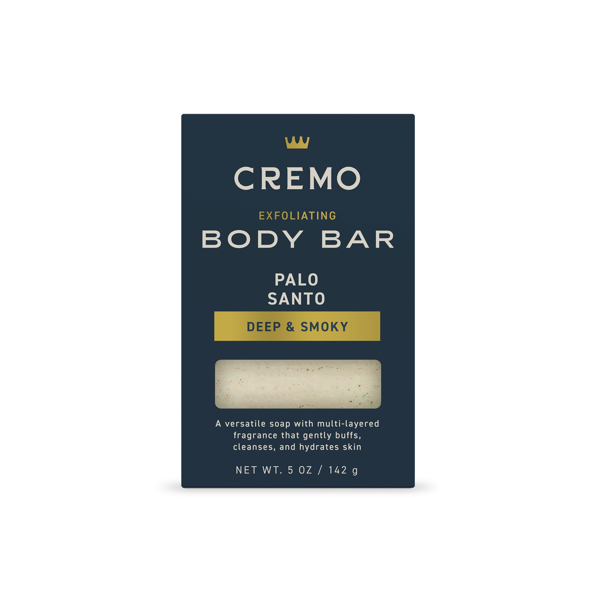 Cremo Exfoliating Body Bar Palo Santo scent shows exfoliating texture and cleansing action
