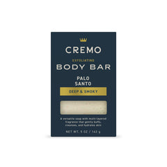 Cremo Exfoliating Body Bar Palo Santo scent shows exfoliating texture and cleansing action