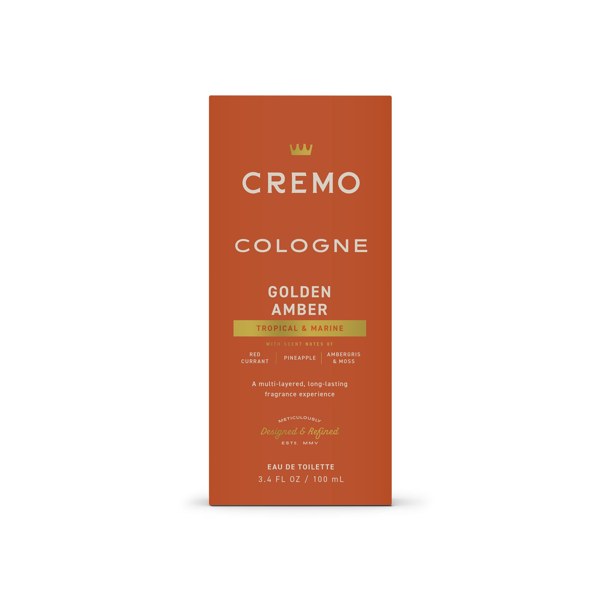 Cremo Golden Amber box-and-bottle setup for vanity display.