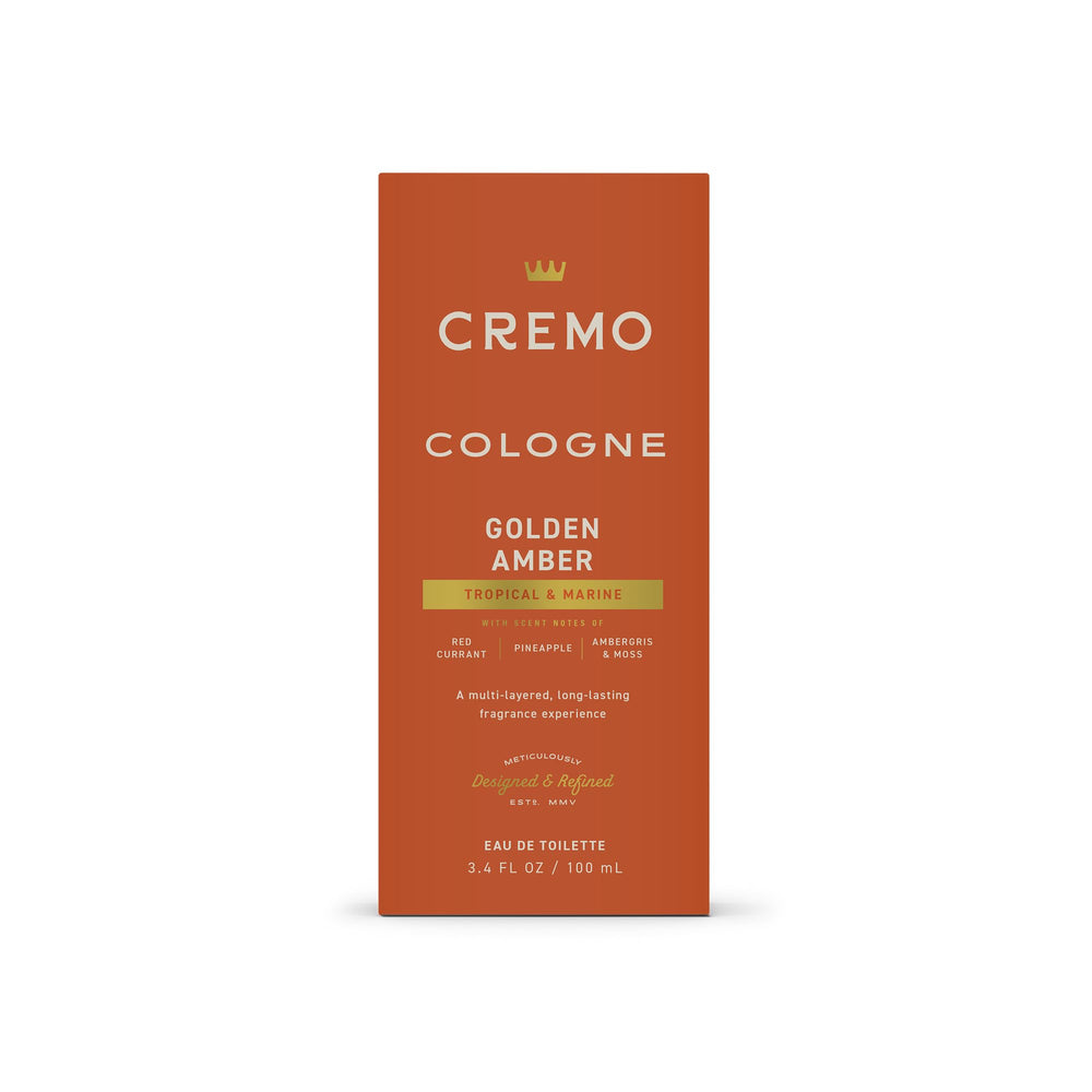 Cremo Golden Amber box-and-bottle setup for vanity display.