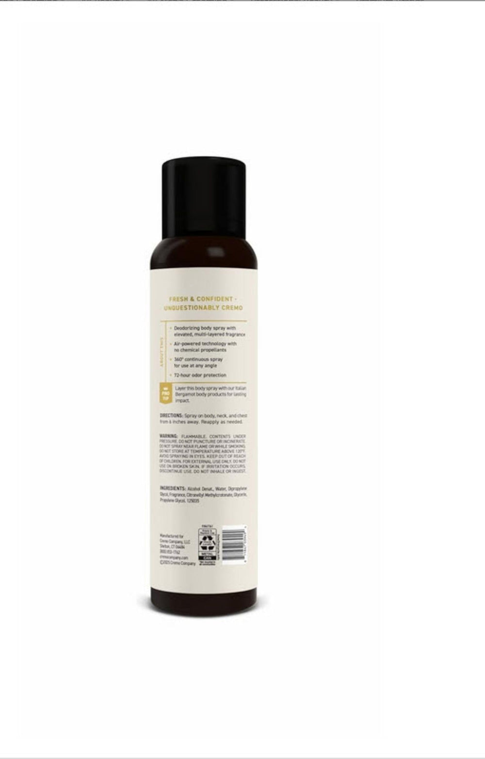 Cremo Italian Bergamot spray on skin offers a lightweight refresh for any occasion.