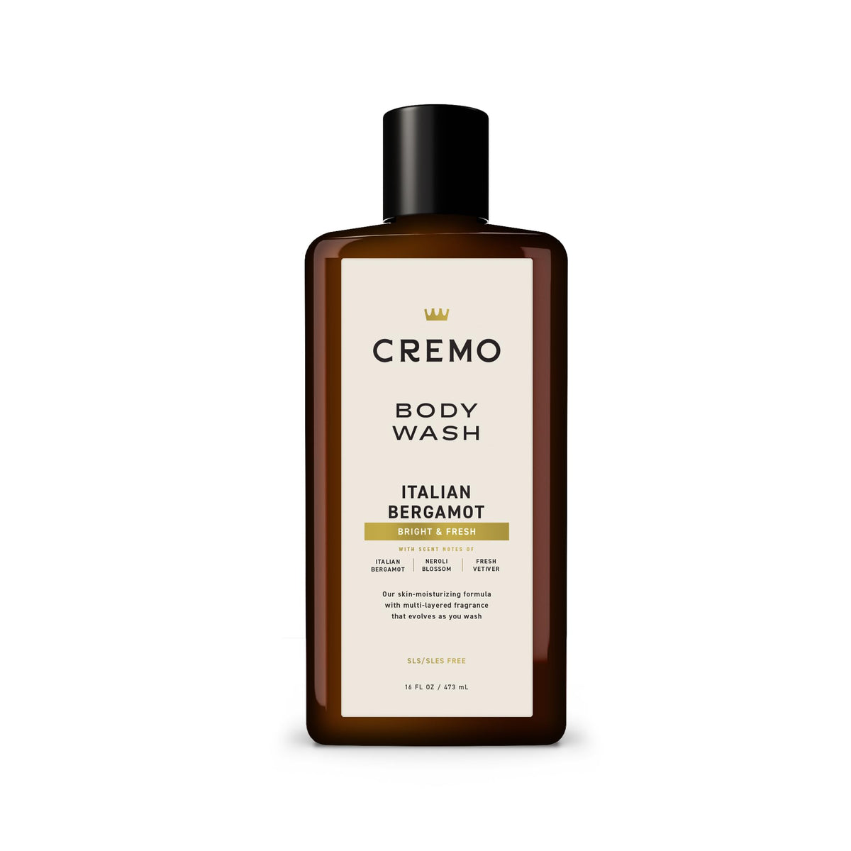 Cremo Italian Bergamot bottle highlights a sophisticated scent for daily grooming.