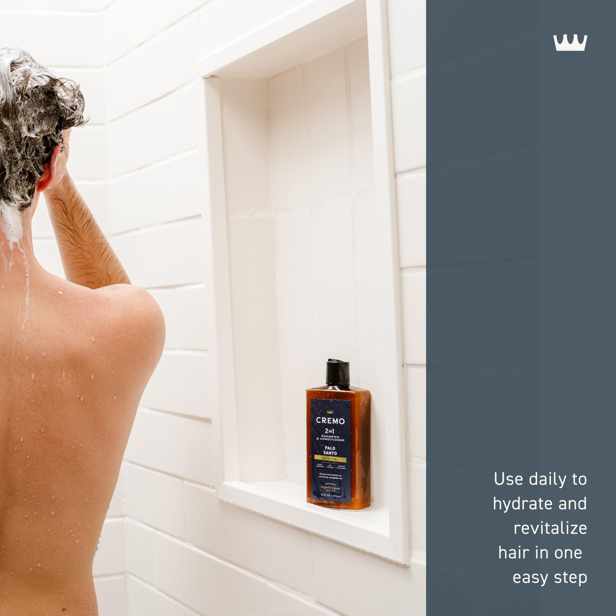 Cremo Palo Santo 2-in-1 notes visible, hinting at cardamom, papyrus, palo santo fragrance