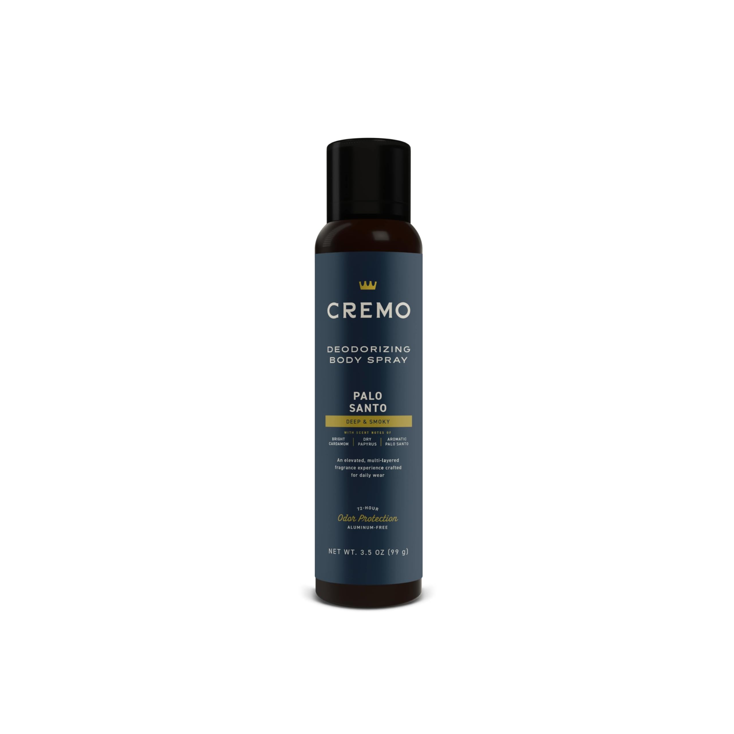 Cremo Palo Santo Body Spray bottle front, premium fragrance for daily wear.