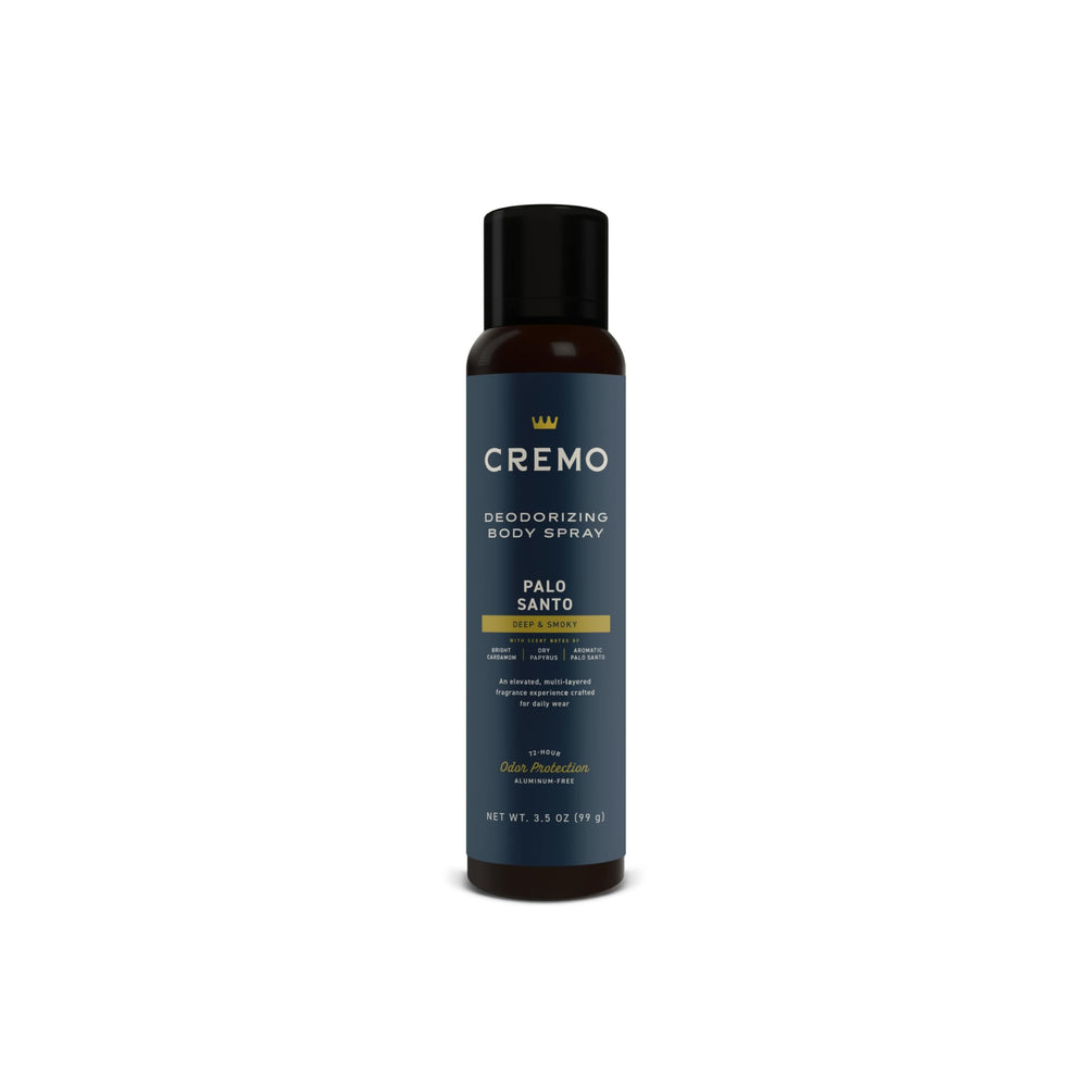 Cremo Palo Santo Body Spray bottle front, premium fragrance for daily wear.