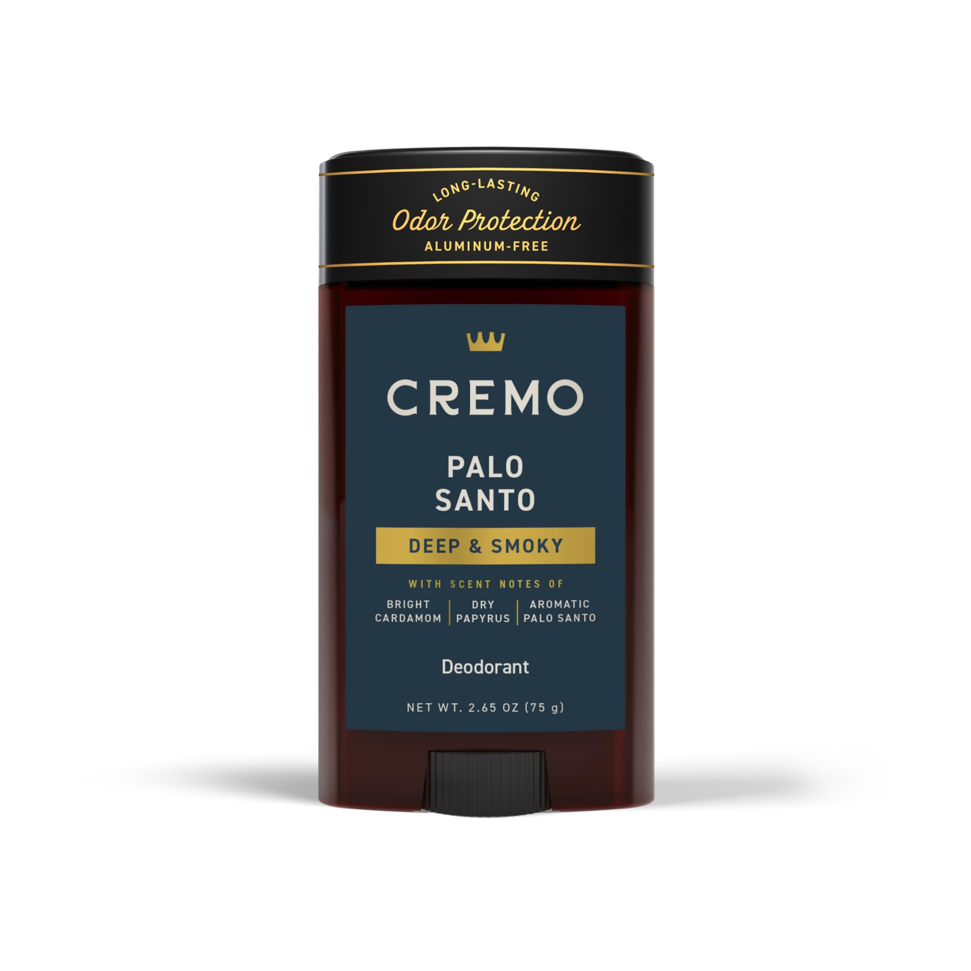 Cremo Palo Santo deodorant bottle closeup highlights premium packaging and fragrance.
