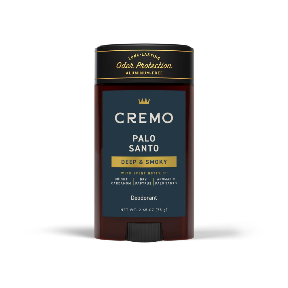 Cremo Palo Santo deodorant bottle closeup highlights premium packaging and fragrance.