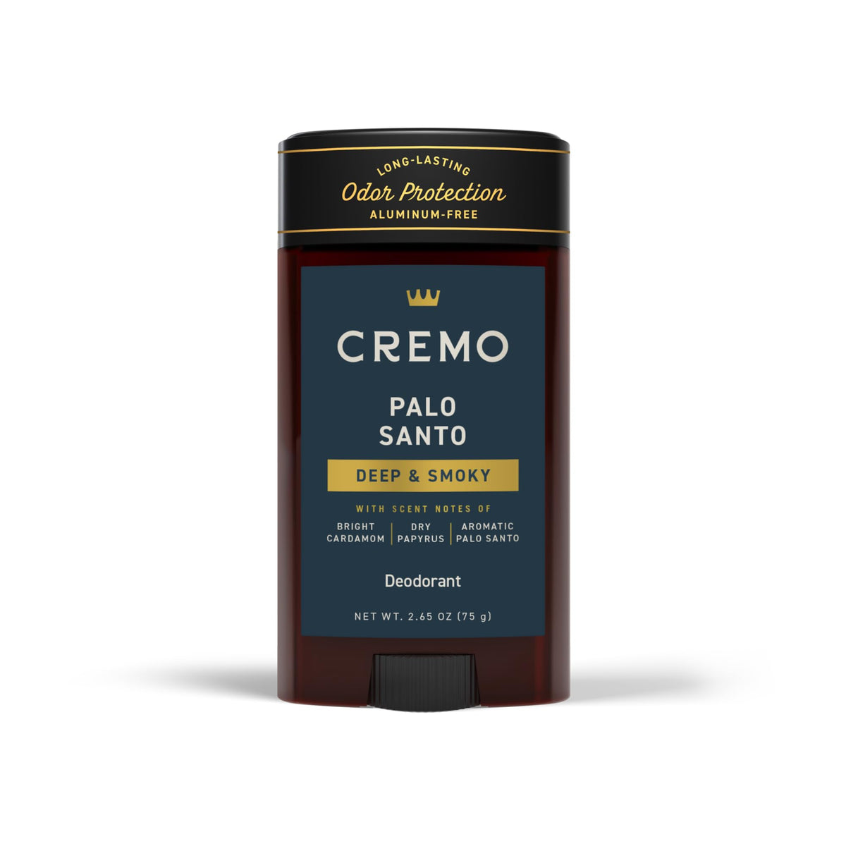 Cremo Palo Santo deodorant bottle closeup highlights premium packaging and fragrance.