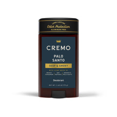 Cremo Palo Santo deodorant bottle closeup highlights premium packaging and fragrance.