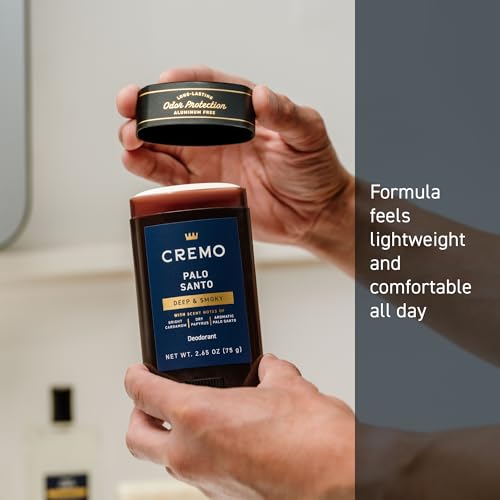Cremo Palo Santo deodorant packaging front shows sleek, travel-friendly design.