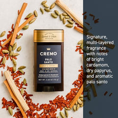 Cremo Palo Santo notes highlight cardamom and papyrus for a bold scent