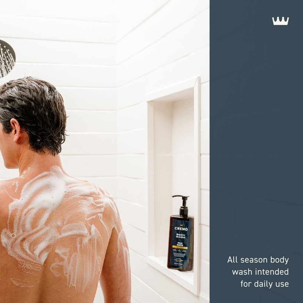 Cremo Palo Santo body wash shower scene with moisturizing cleanse and foam.