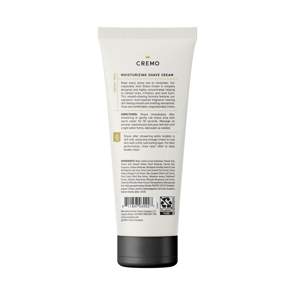 Cremo Sage & Citrus bottle next to razor emphasizes long-lasting 90-day supply.