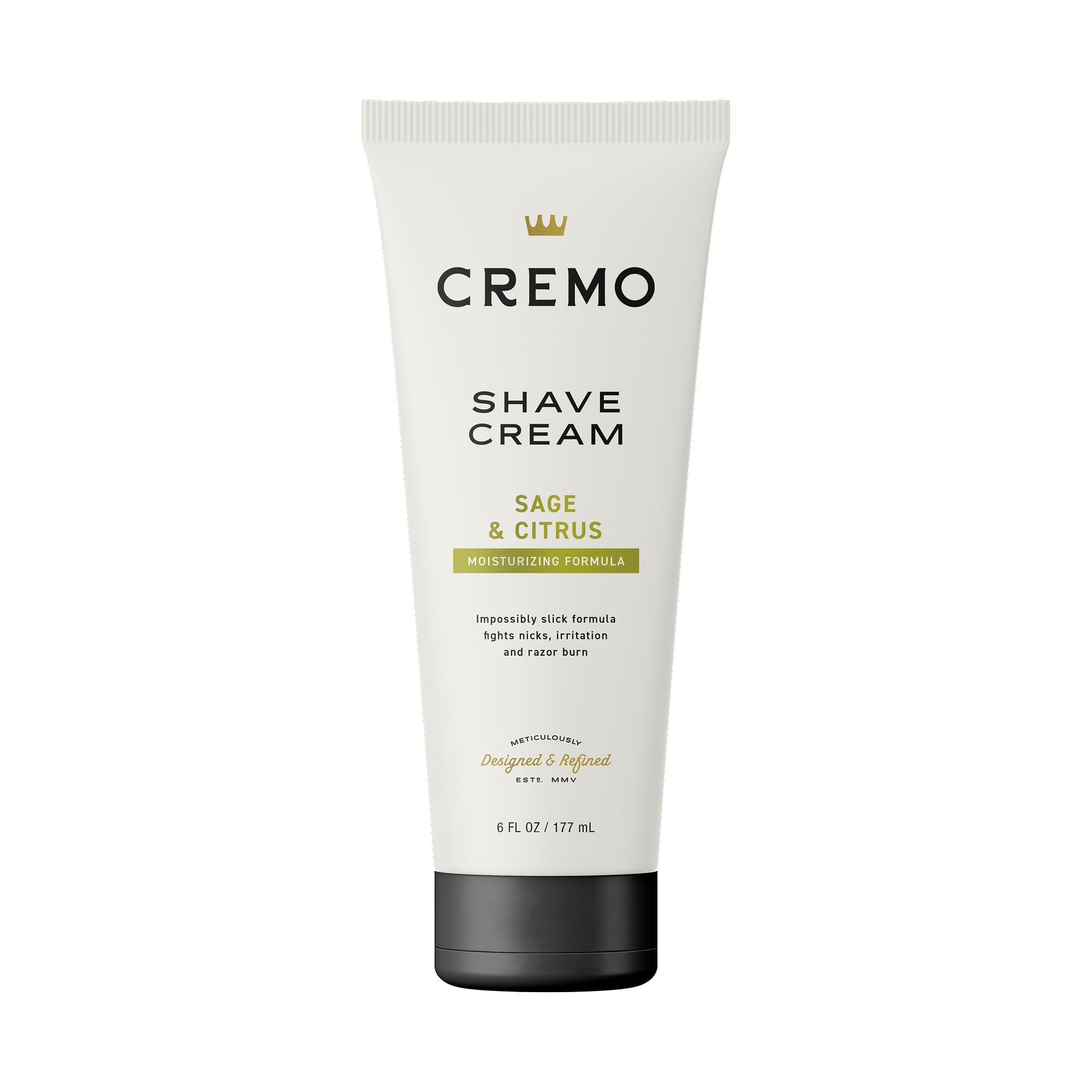 Cremo Sage & Citrus shave cream bottle reveals a slick surface for a close, comfortable shave.
