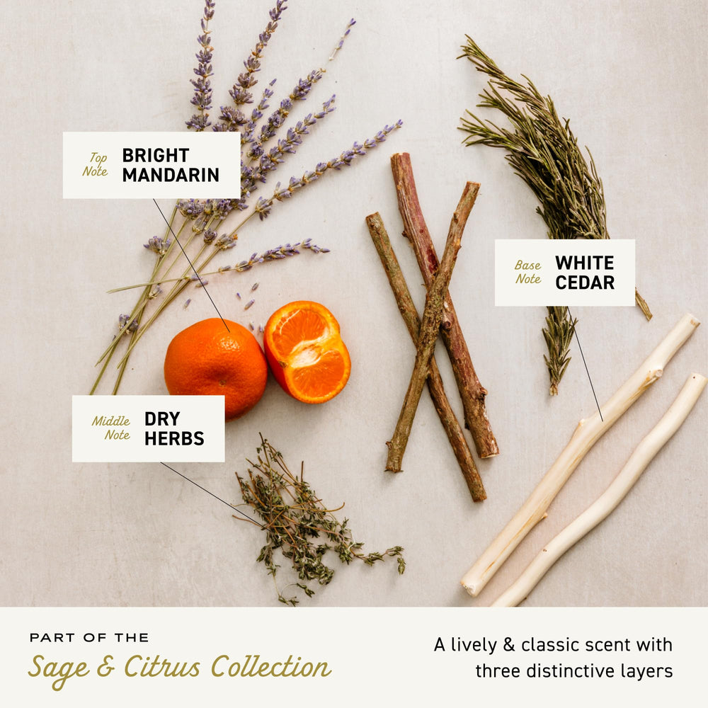 Cremo Sage & Citrus shave cream beside citrus scent hints at refreshing routine.