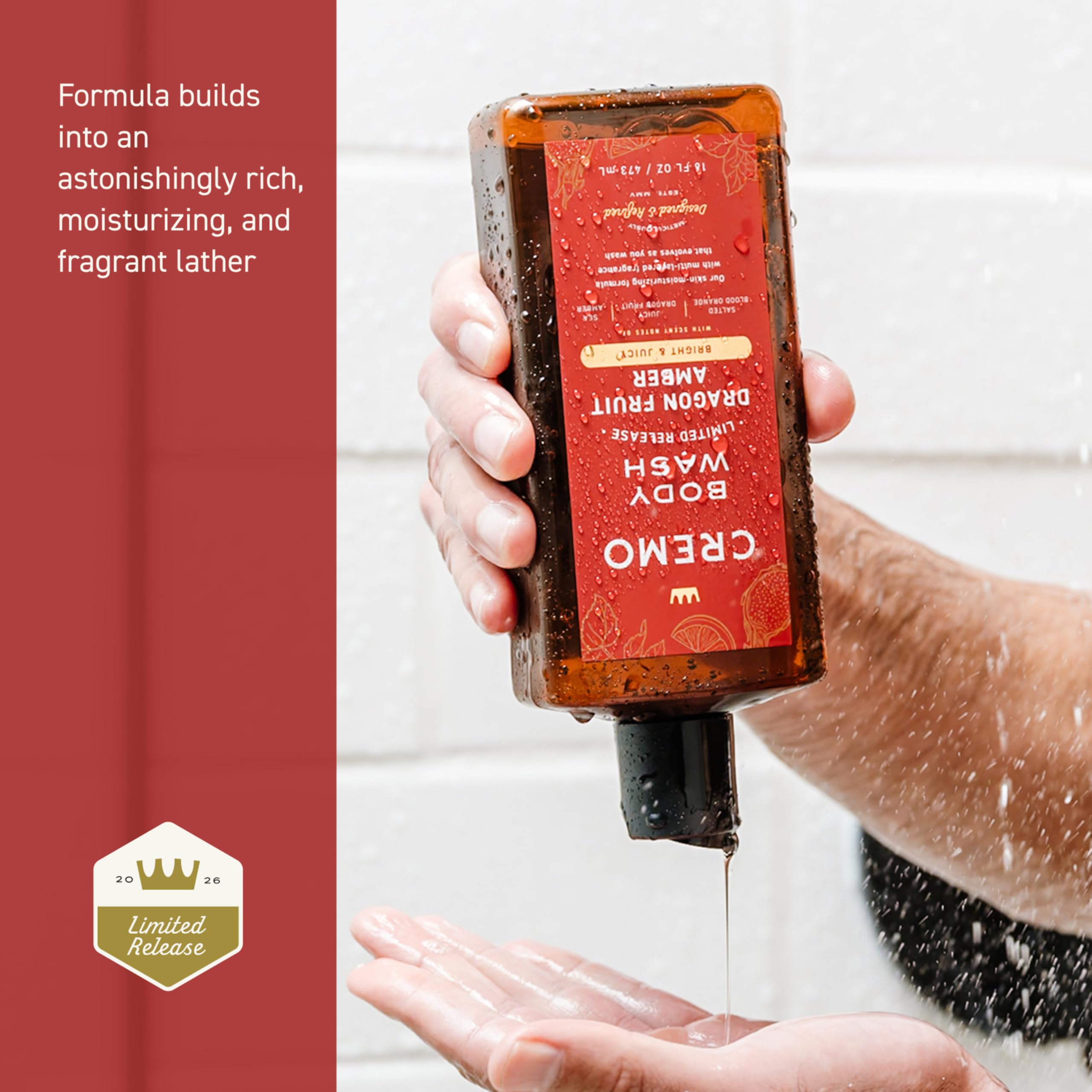 Cremo Dragonfruit Amber scent layers image hints at evolving fragrance during shower.