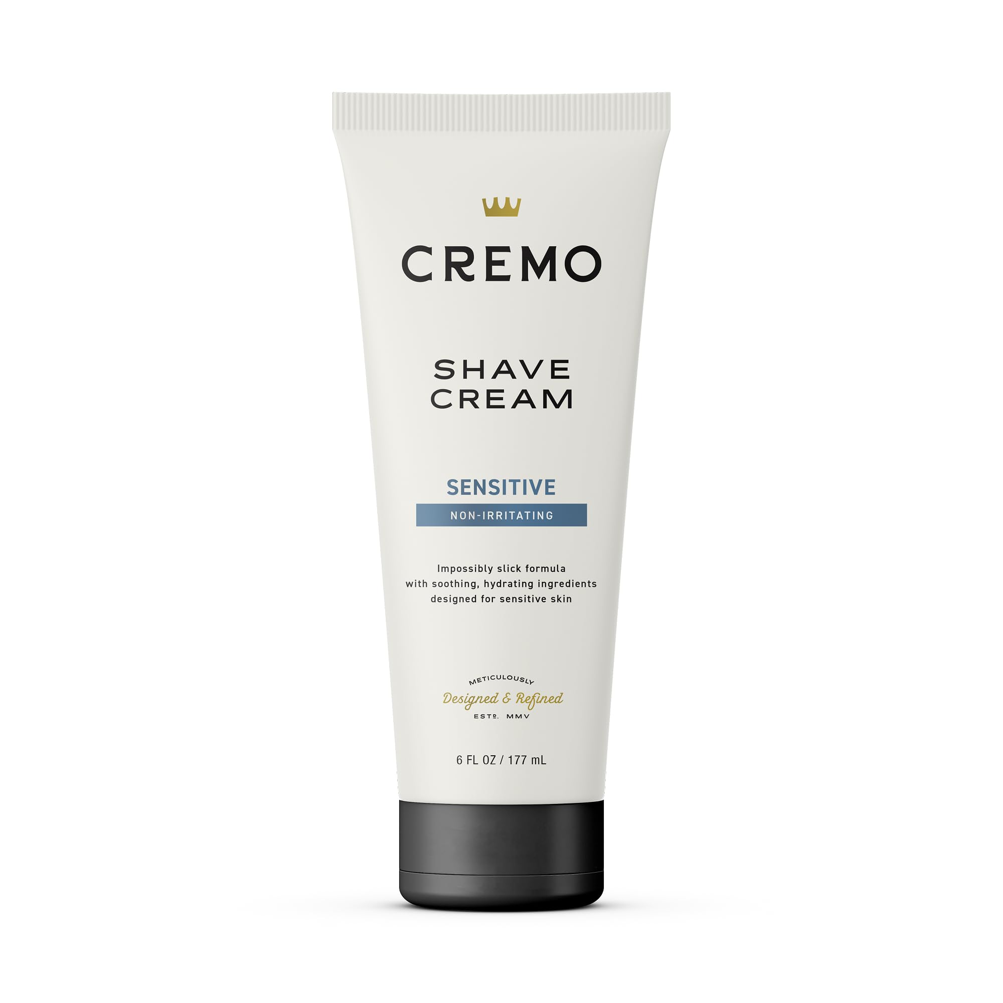 Cremo Sensitive Shave Cream bottle-pour shows slick glide for a smooth shave.