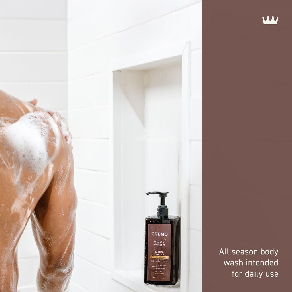 Cremo bottle front in shower setting emphasizes convenient 32 oz pump.