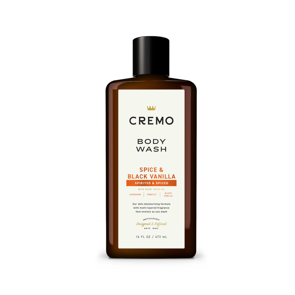 Cremo Spice and Black Vanilla body wash with rich lather for a refreshing cleanse.