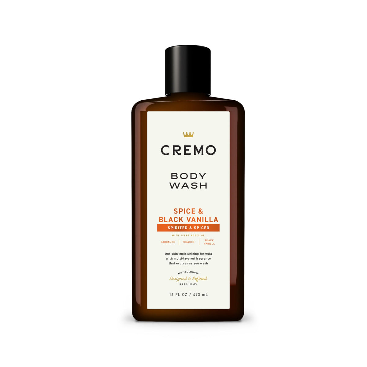 Cremo Spice and Black Vanilla body wash with rich lather for a refreshing cleanse.
