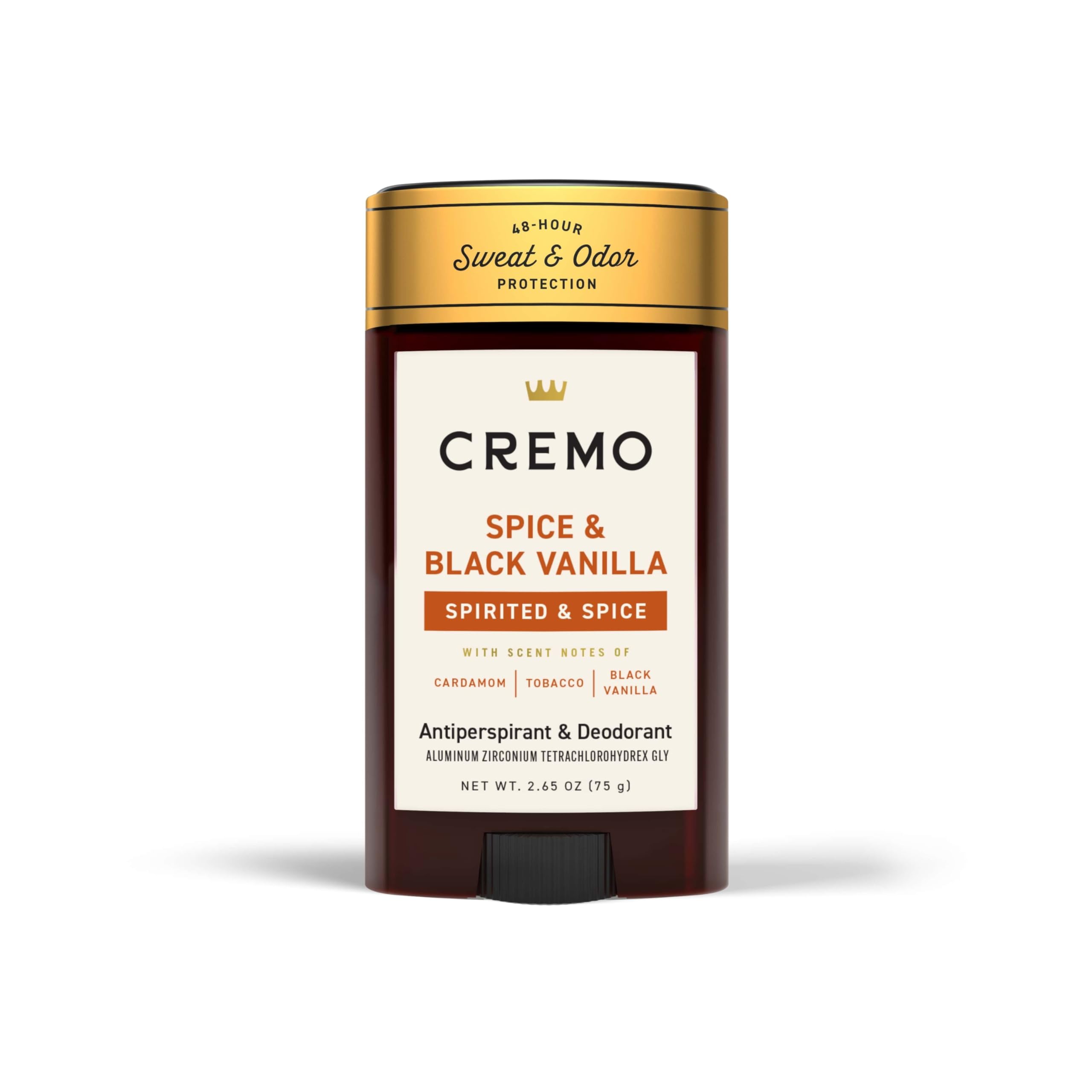 Cremo Spice & Black Vanilla deodorant bottle showing lasting fragrance.