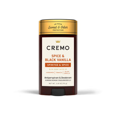 Cremo Spice & Black Vanilla deodorant bottle showing lasting fragrance.