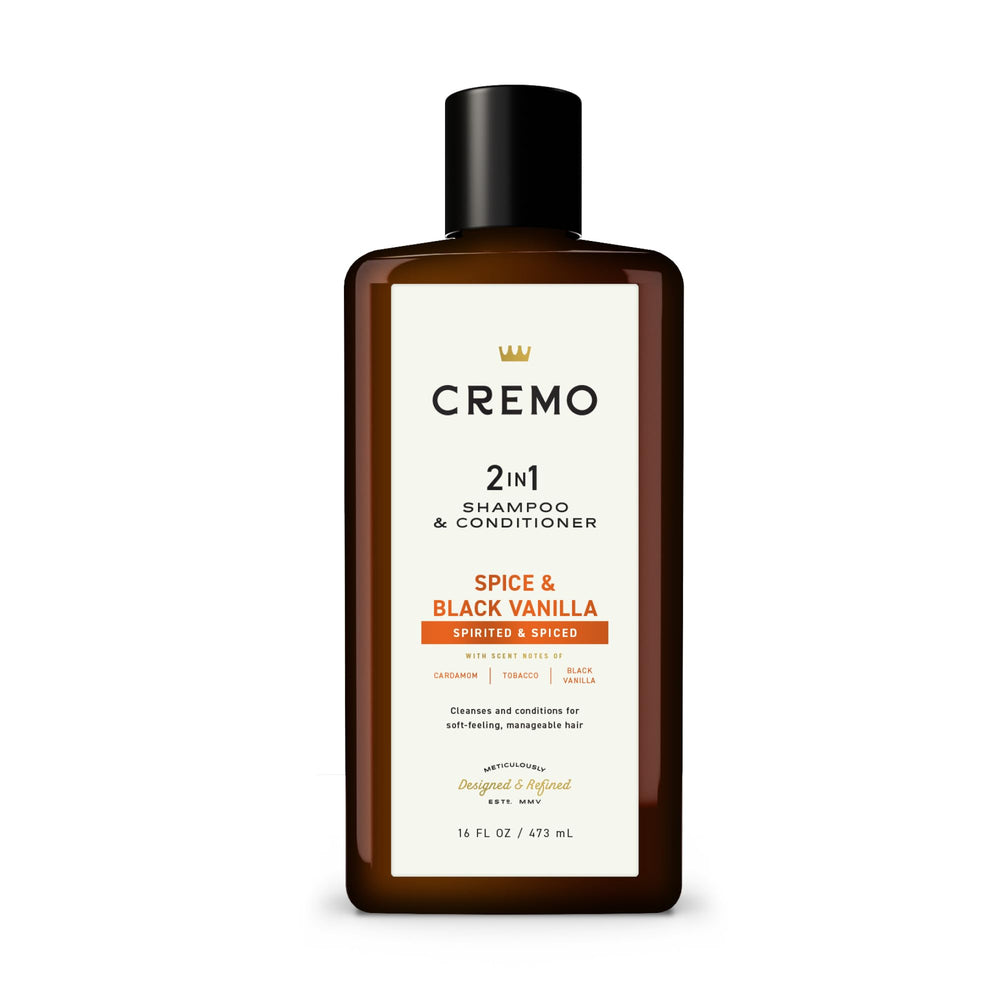 Cremo Spice and Black Vanilla shampoo bottle highlighting premium fragrance for daily grooming