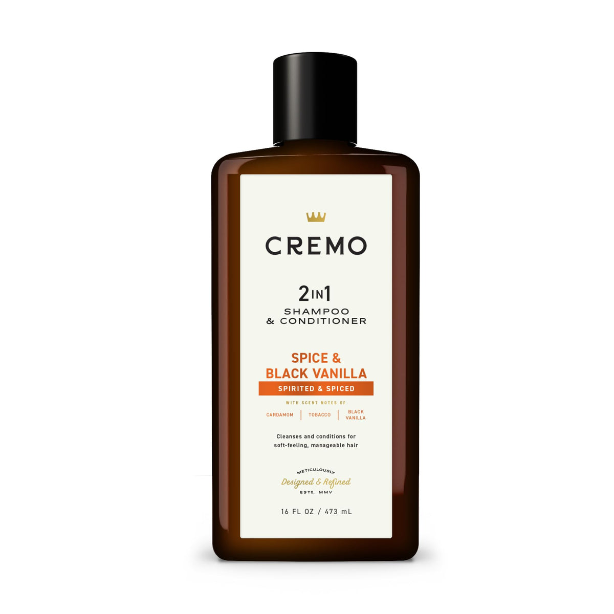 Cremo Spice and Black Vanilla shampoo bottle highlighting premium fragrance for daily grooming