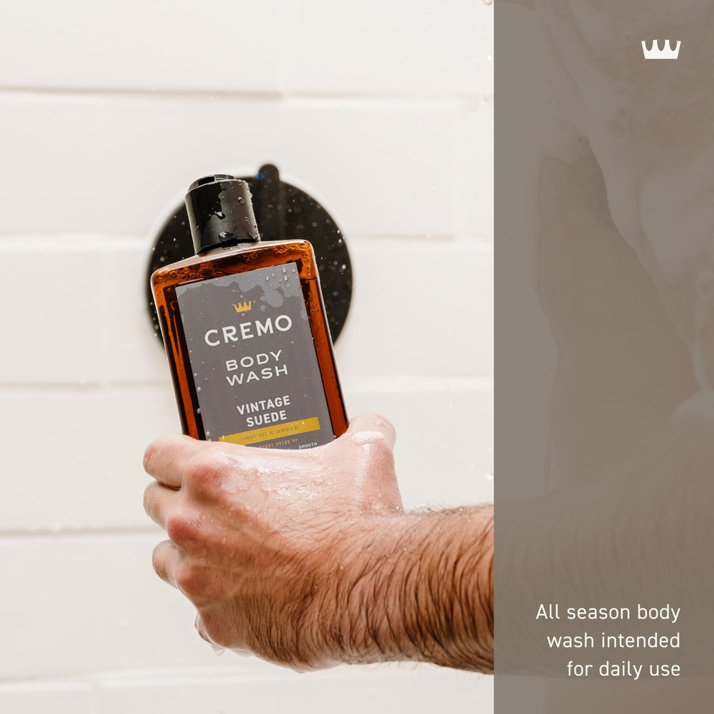 Cremo Vintage Suede close-up of amber and white moss fragrance notes.