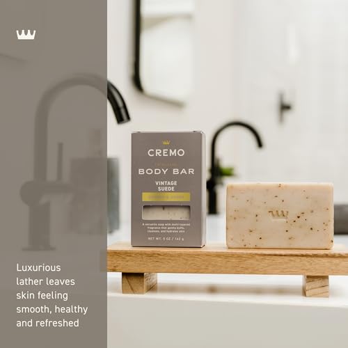 Cremo Vintage Suede Bar oat kernel exfoliant for smoother skin.