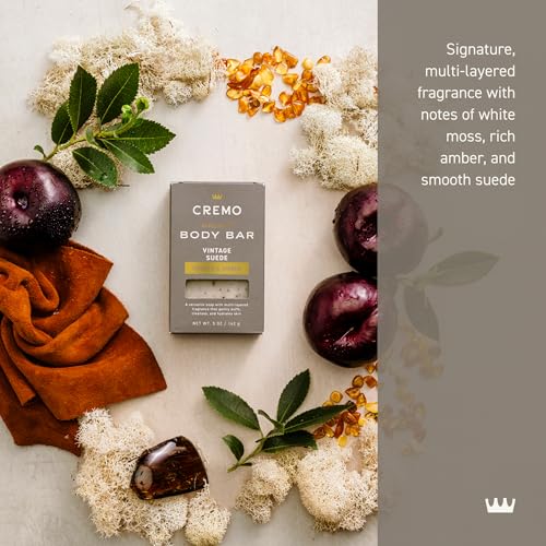 Cremo Vintage Suede Bar lava rock texture for gentle exfoliation.