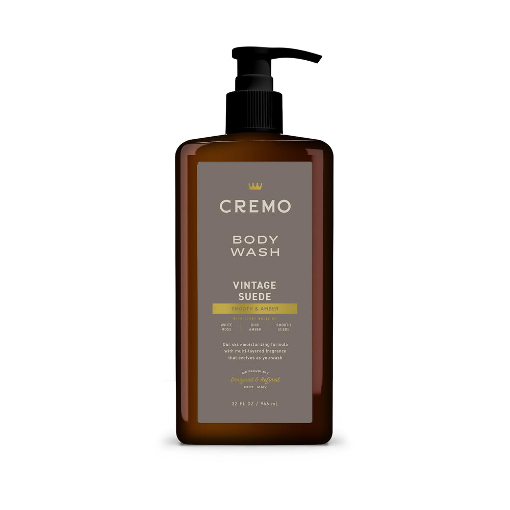 Cremo Vintage Suede body wash bottle front view for daily use convenience.