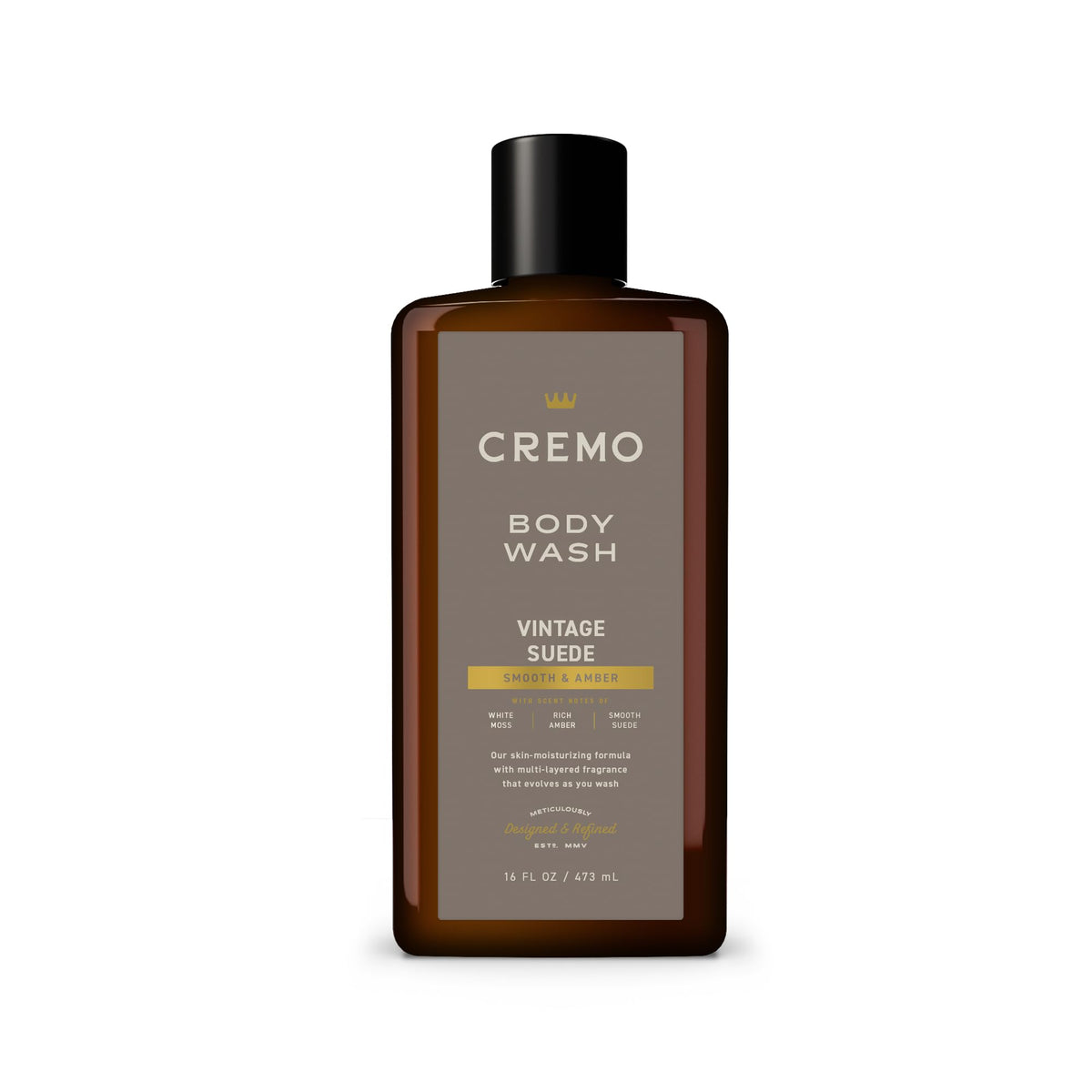 Cremo Vintage Suede bottle front view for daily cleansing