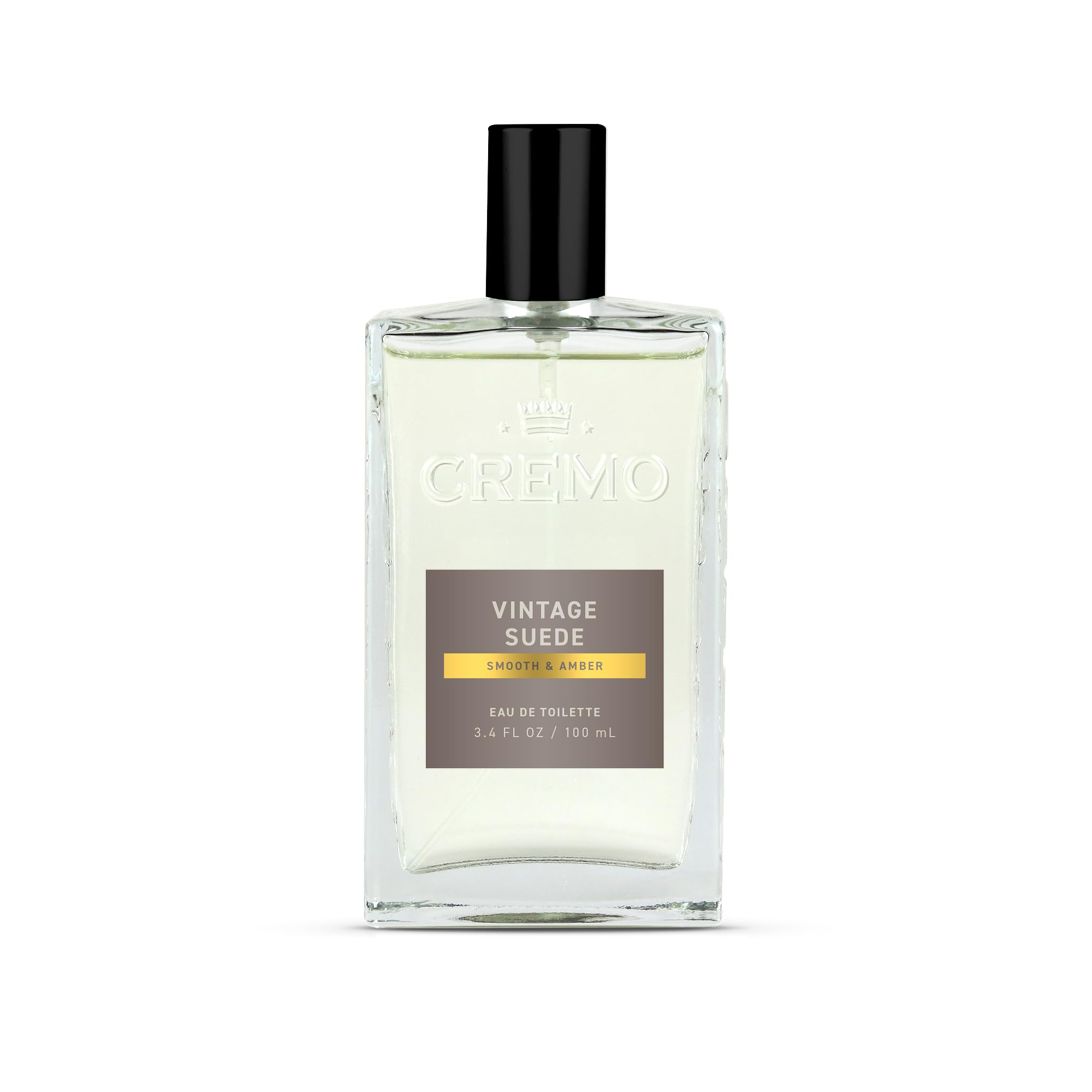 Cremo Vintage Suede bottle front view showing refined amber tones for daily wear