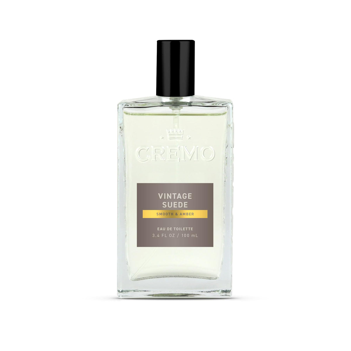 Cremo Vintage Suede bottle front view showing refined amber tones for daily wear