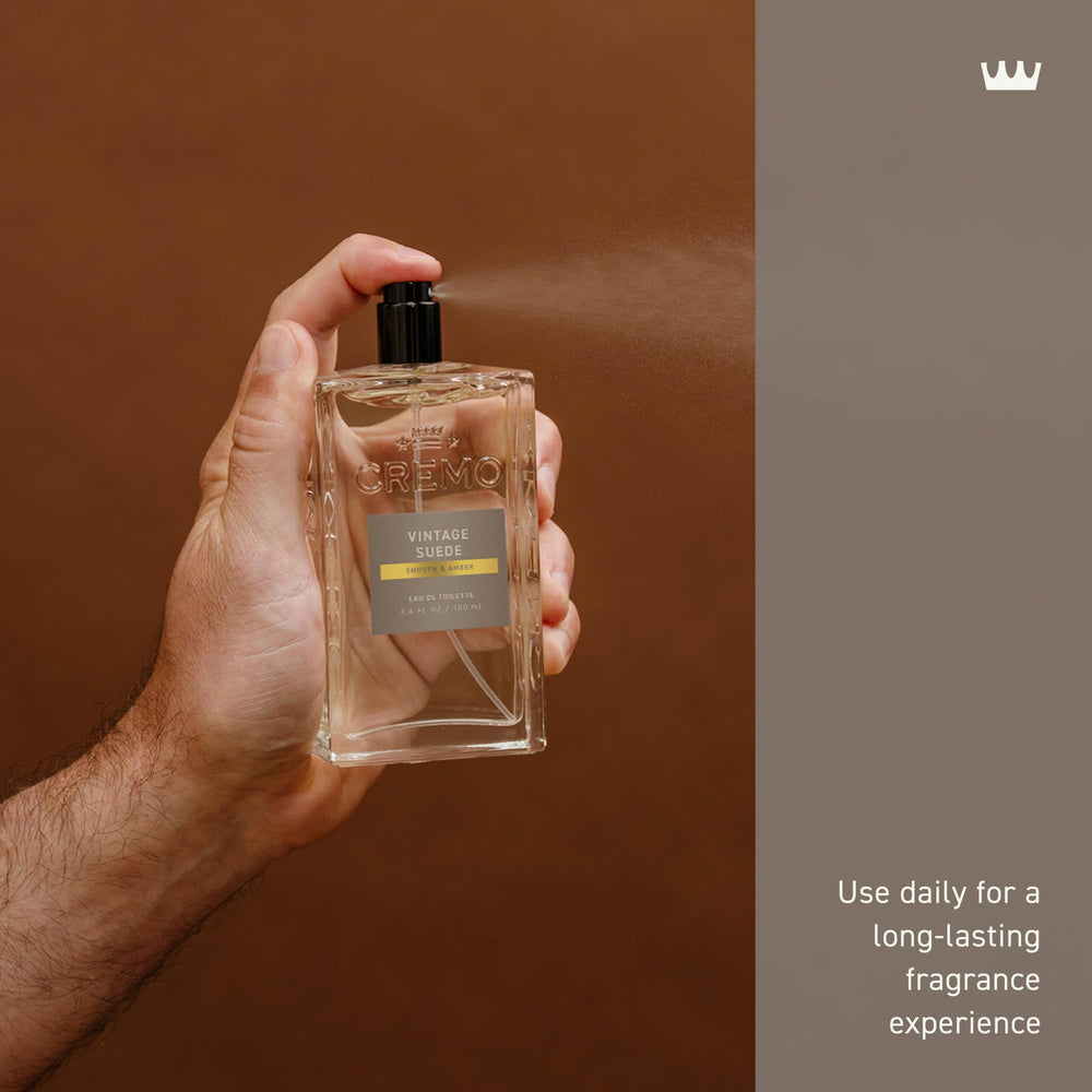 Vintage Suede bottle on dresser conveys upscale grooming ritual appeal