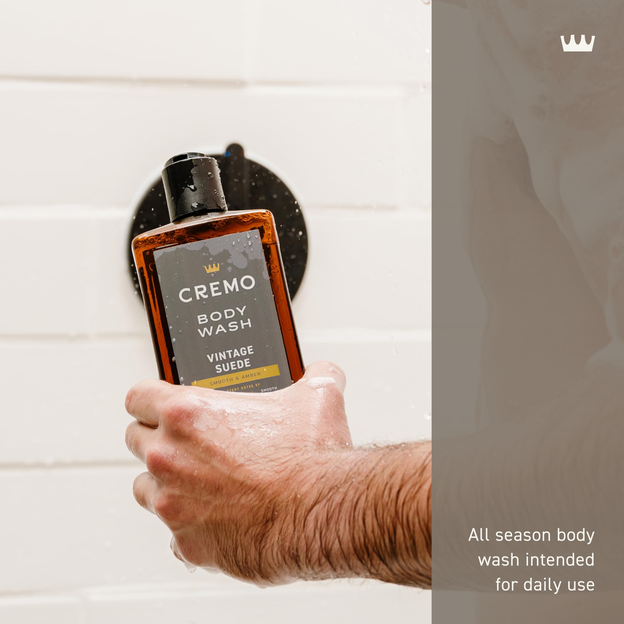 Close-up of Cremo Vintage Suede label highlighting the scent