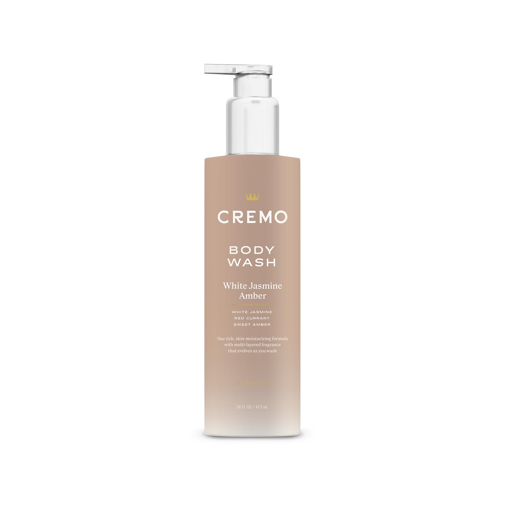 Cremo White Jasmine Amber bottle on shelf signals premium cleansing with evolving fragrance.