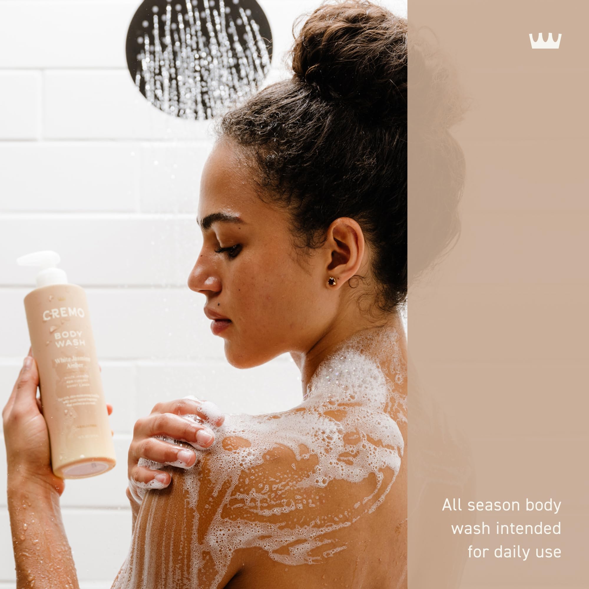 Cremo White Jasmine Amber in shower captures steam and evolving scent during cleanse.