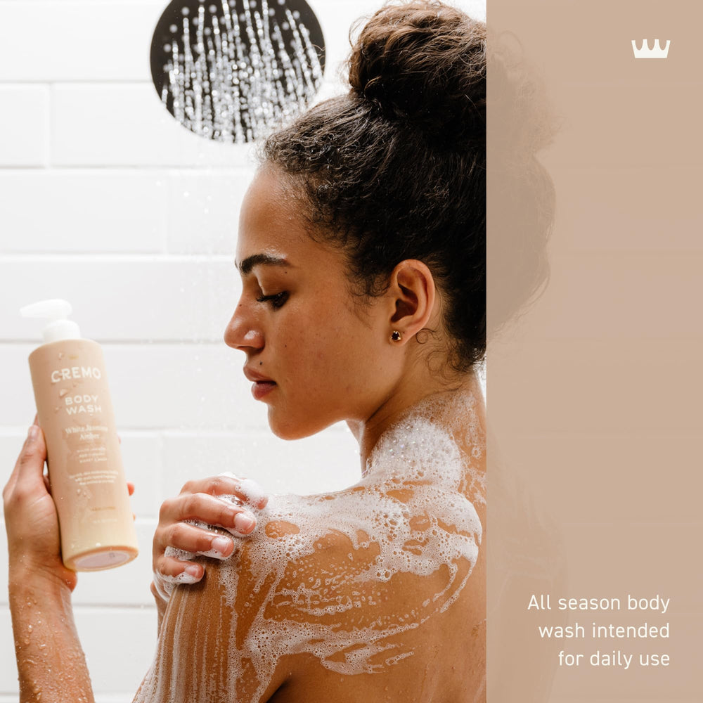Cremo White Jasmine Amber in shower captures steam and evolving scent during cleanse.